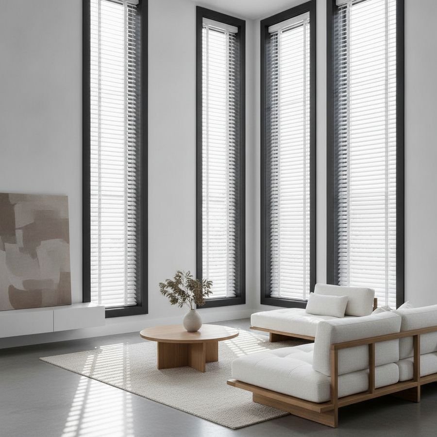 Modern interieur met witte houten jaloezieën, zwarte raamkaders en helder daglicht in een rustige ruimte.