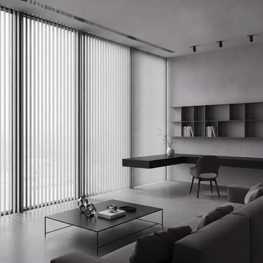 Strakke moderne ruimte met grote ramen en aluminium lamellen in een minimalistisch interieur.