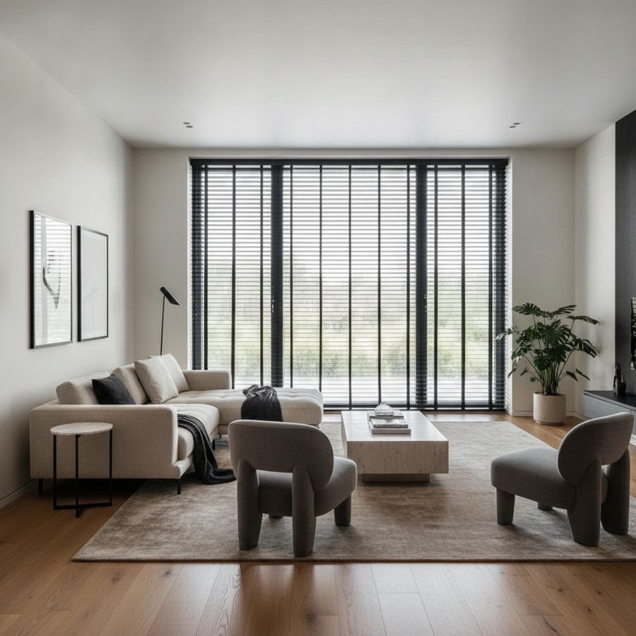 Moderne woonkamer met grote ramen, zwarte houten jaloezieën en een lichte, strakke inrichting.