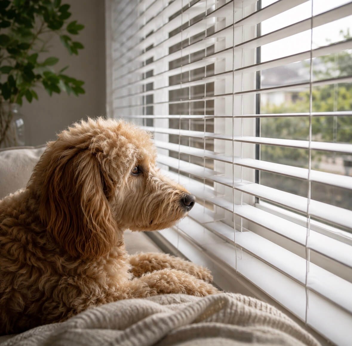 hond kijkt buiten door de jaloezieën