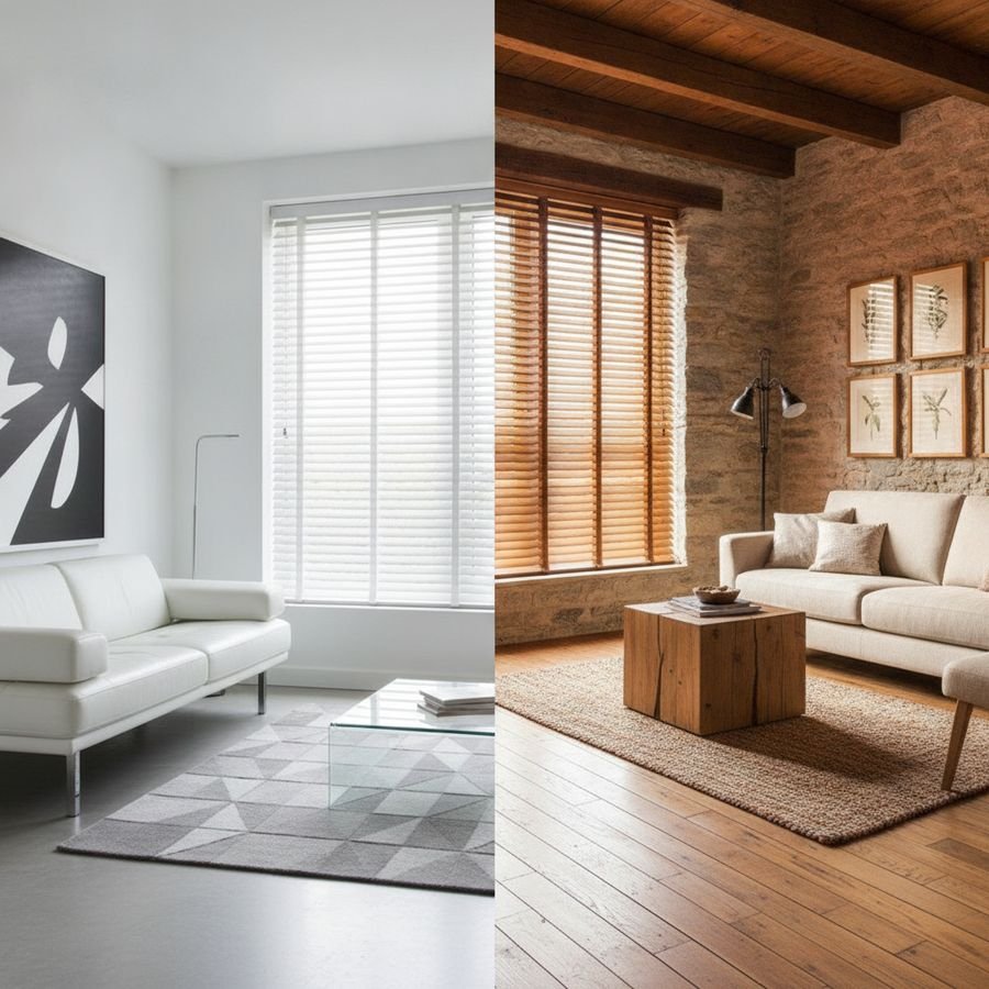 Twee woonstijlen naast elkaar met lichte en warme houten jaloezieën in een helder interieur.