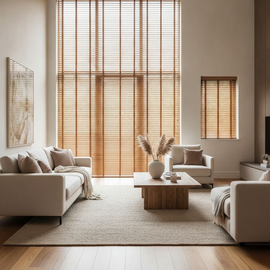 Grote raampartij en kleiner zijraam met houten jaloezieën in een lichte woonkamer met neutrale inrichting.