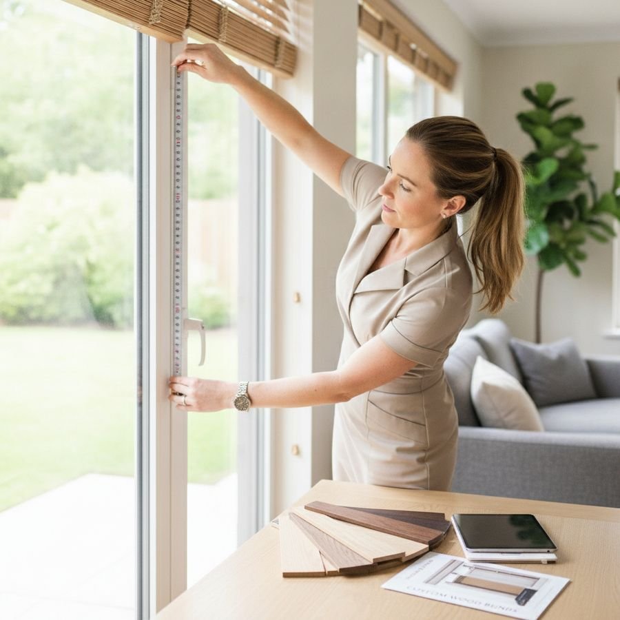 Specialist meet een raam op in een moderne woning met stalen van houten lamellen op tafel.
