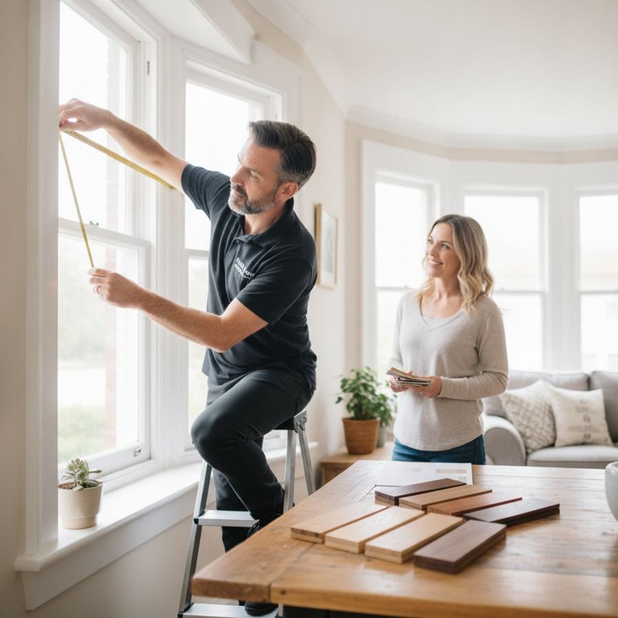 Specialist meet een raam op terwijl een bewoner meekijkt in een heldere kamer.